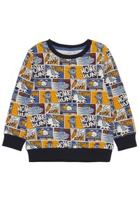 Sudadera colorida con patrones de tiras cómicas en azul, naranja y blanco, con un cuello y puños de punto en azul marino. Tejido de algodón suave.