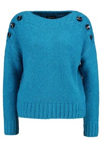 Maglione lavorato a maglia turchese con orlo a coste e maniche lunghe, caratterizzato da sei grandi bottoni neri sulla spalla come dettaglio decorativo.