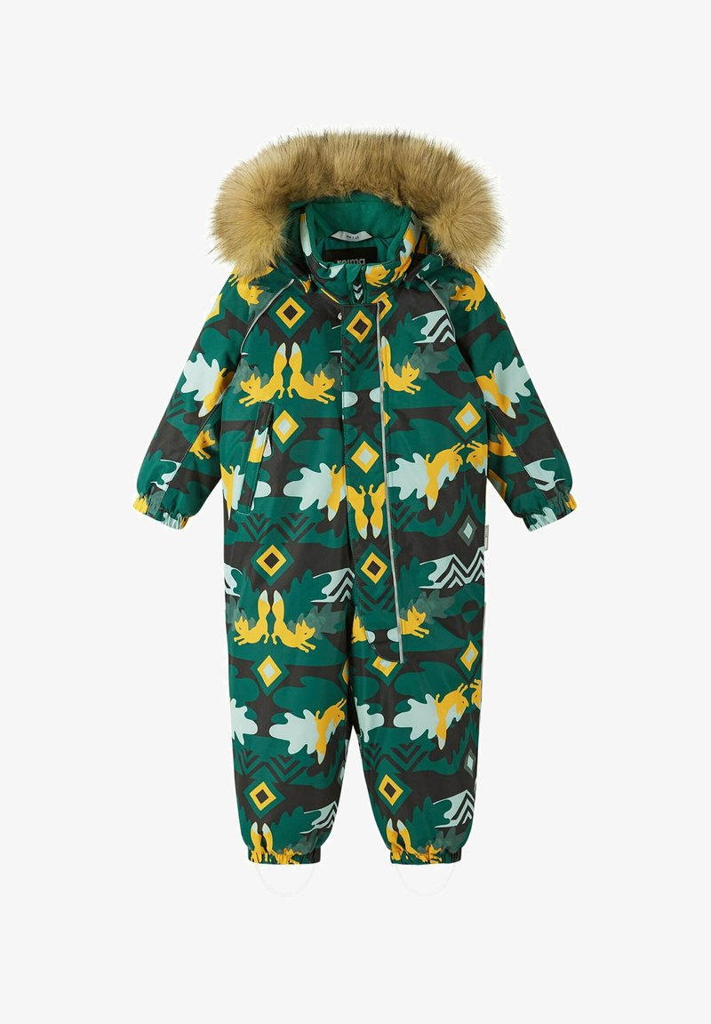 Combinaison d'hiver colorée en vert, ornée de motifs d'animaux et de feuilles jaunes et blanches, avec une capuche doublée en fausse fourrure et des poignets élastiques.