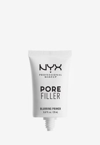 Tube en plastique blanc avec un bouchon vissé, étiqueté "NYX Professional Makeup PORE FILLER" en texte noir gras, contenant 20 mL de base floutante.