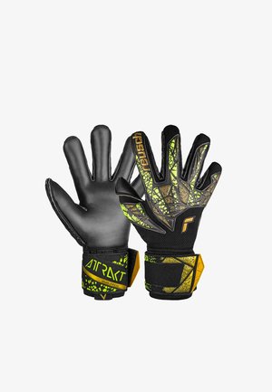 Goalkeeper gloves featuring a black latex palm, textured patterns in yellow and green on the backhand, and black wrist straps with yellow accents.