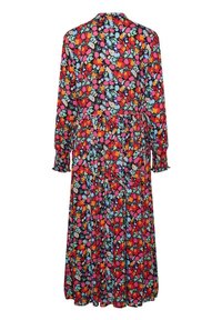 Värikäs pitkähihaisten mekko kukkakuviolla mustalla pohjalla, jossa on joustavat hihansuut, rento istuvuus ja kerroksittainen, laskostettu helma.