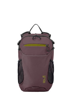 Sac à dos violet compact avec une poignée sur le dessus, une poche zippée jaune à l'avant, des poches latérales en filet noir et des bretelles rembourrées.