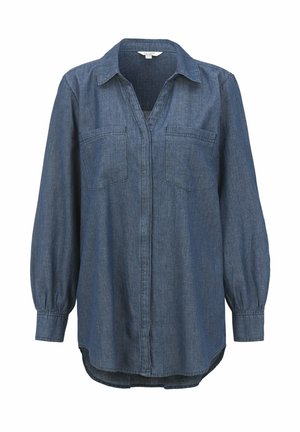 Denim overhemd met een kraaglijn, lange mouwen en twee borstzakken. Heeft een ontspannen pasvorm en een gebogen zoom in diep indigo.