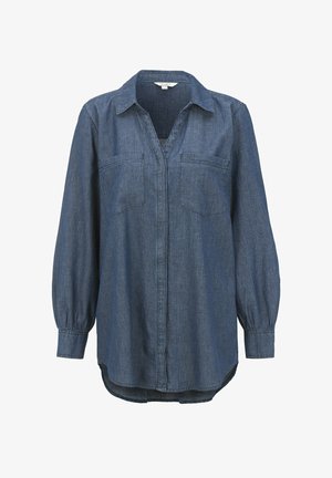 Denimhemd mit Kragen, langen Ärmeln und zwei Brusttaschen. Hat einen lockeren Schnitt und einen abgerundeten Saum in tiefem Indigo.