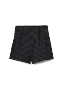 Pantalones cortos de raya diplomática negros con una parte delantera plana, presillas para cinturón y una textura suave. Diseñados con un corte a medida para un ajuste estructurado.