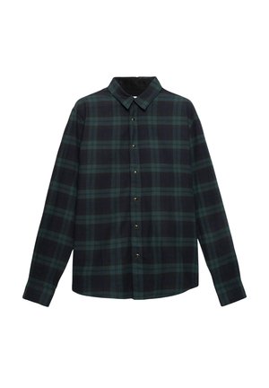 Camicia a maniche lunghe in tartan verde scuro e blu. Realizzata in tessuto morbido, presenta un colletto con bottoni e bottoni in tono oro. Vestibilità classica.