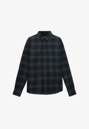Chemise à manches longues en tartan vert foncé et marine. Fabriquée en tissu doux, avec un col boutonnière et des boutons dorés. Coupe classique.