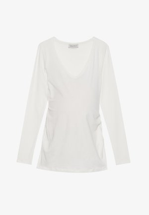 White long-sleeve top with a V-neck, featuring gathered detailing at the sides. Made of soft, smooth fabric with a casual design.