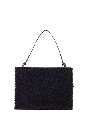 Black rectangular handbag with a textured curly fabric surface and a thin, curved shoulder strap.