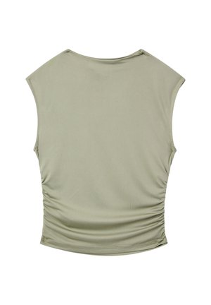 Top a canotta aderente in verde oliva, realizzato in morbido tessuto elasticizzato. Caratterizzato da maniche corte e dettagli arricciati ai lati per un tocco di originalità.