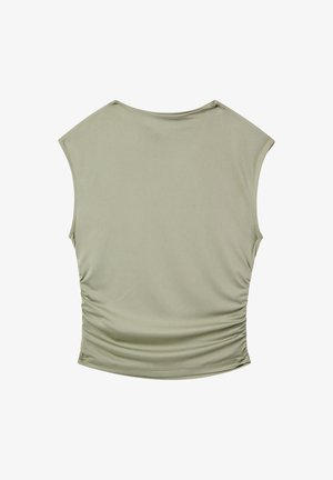 Top a canotta aderente in verde oliva, realizzato in morbido tessuto elasticizzato. Caratterizzato da maniche corte e dettagli arricciati ai lati per un tocco di originalità.