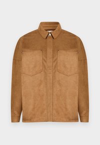 Brown faux suede jacket with a pointed collar, two chest pockets, and snap-button closure. Smooth texture and relaxed fit.