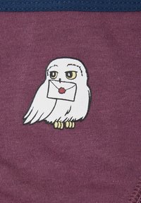 Lila Stoff zeigt eine Cartoon-Eule in Weiß, die einen Brief mit einem roten Siegel hält, detaillierte Augen und strukturierte Federn hat.