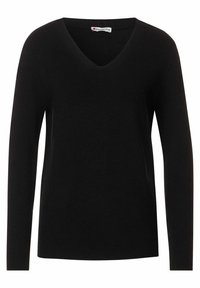 Black sweater with a V-neck, long sleeves, and ribbed texture. The fabric appears soft and lightweight, suitable for layering.