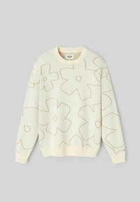 Pull crème clair avec un motif floral lâche en marron clair, col, poignets et ourlet côtelés, fabriqué en matériau doux et texturé.