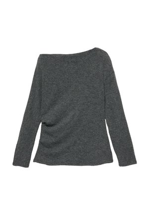 Pull en maille gris foncé à manches longues et à large encolure, présenté à plat sur un fond blanc.