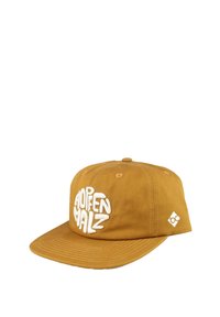 Brown cotton cap with a flat brim. Features white embroidered text “HOPFEN MALZ” on the front and a small white logo on the side.