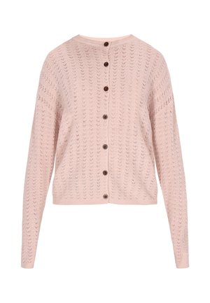 Cardigan rosa chiaro lavorato a maglia con motivo a rilievo, maniche lunghe, bottoni marroni sul davanti e scollatura rotonda.