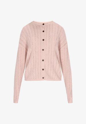 Cardigan rosa chiaro lavorato a maglia con motivo a rilievo, maniche lunghe, bottoni marroni sul davanti e scollatura rotonda.