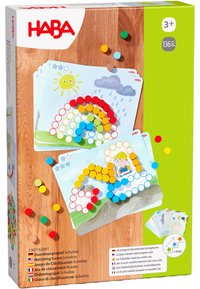 Matching game in a box with colorful round tokens in red, yellow, blue, green, and orange, featuring illustrated templates of a rainbow and sun.