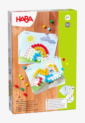Matching game in a box with colorful round tokens in red, yellow, blue, green, and orange, featuring illustrated templates of a rainbow and sun.