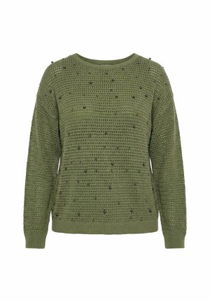 Oliivinvihreä neulepaita, jossa on pitkät hihat ja pieniä mustia helmiä edessä ja hihoissa.