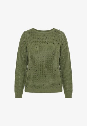 Oliivinvihreä neulepaita, jossa on pitkät hihat ja pieniä mustia helmiä edessä ja hihoissa.