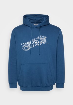 Sininen huppari, valmistettu puuvillasekoitteesta, jossa on kengurutasku, kiristysnauhallinen huppu sekä valkoinen painettu grafiikka ja teksti. Resorit hihansuissa ja helmassa.