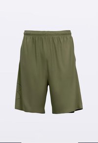 Športové šortky olivovo zelenej farby z ľahkej látky, s elastickým pásom a čiernym logom na ľavej strane.