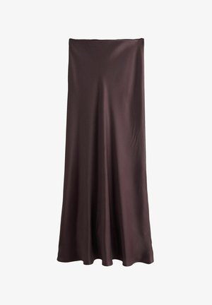 Brown, satin maxi skirt with a smooth texture, flaring silhouette, and an uninterrupted line from waist to hem. No visible patterns or hardware.