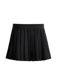 Black pleated skirt made from a smooth fabric. Features a wide elastic waistband and falls above the knee with sharp, even pleats.