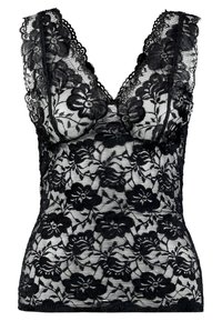 Top senza maniche in pizzo trasparente nero con motivo floreale e scollatura a V.
