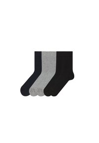 Baumwollsocken-Set in Marineblau, Grau und Schwarz. Jedes Paar verfügt über eine glatte Textur und eine Standard-Crew-Länge mit verstärkter Ferse und Zehen.