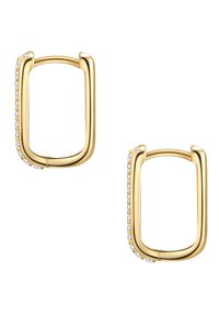 Zlate barvne pravokotne obročne uhane s gladko površino, ki vsebujejo vrsto prozornih draguljev ob eni strani.