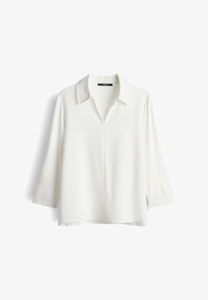 Weiße Langarmbluse mit Kragen und V-Ausschnitt, aus glattem Stoff, vor schlichtem weißem Hintergrund dargestellt.