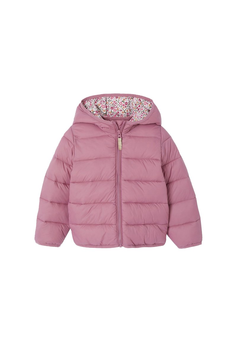 Gepolsterte pinke Jacke mit Kapuze, mit Reißverschluss und gefüttertem Innenleben mit Blumenmuster. Verfügt über gesteppten Abschnitte für Textur. Langlebige Stoffkonstruktion.