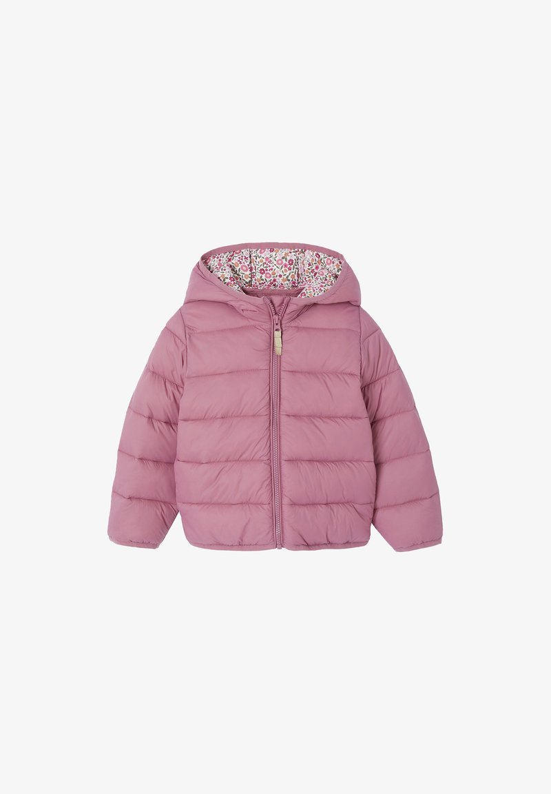 Gepolsterte pinke Jacke mit Kapuze, mit Reißverschluss und gefüttertem Innenleben mit Blumenmuster. Verfügt über gesteppten Abschnitte für Textur. Langlebige Stoffkonstruktion.