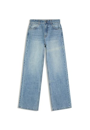 Lyseblå jeans med brede ben, forlommer og knaplukning, med subtile hvide prikker over hele stoffet.