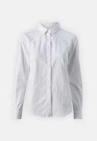 Camicia bianca con bottoni e maniche lunghe, colletto e una trama di cotone liscia. Presenta bottoni frontali e un orlo curvo.