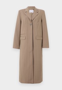 Brown striped long blazer with a notched lapel, single button closure, and two front pockets. Smooth fabric and tailored fit.