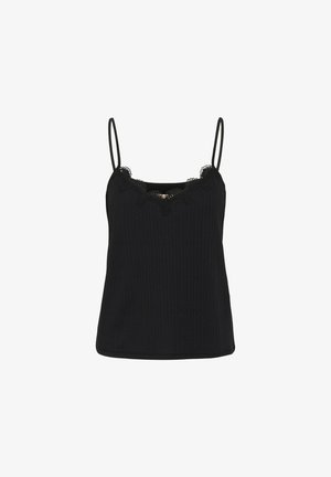 Black camisole with thin straps, featuring a ribbed texture and scalloped lace trim at the neckline. Simple, fitted design.