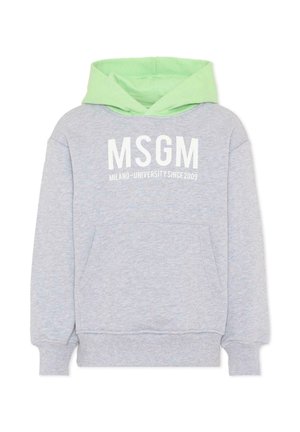 Szara bluza z kapturem w jasnozielonym kolorze, przednią kieszenią oraz białym napisem "MSGM Milano-Uniwersytet Od 2009" na piersi.