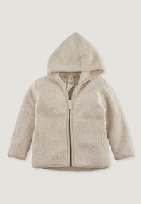 Beige Fleece-Zipjacke mit Kapuze, Fronttaschen und gerippten Bündchen. Weicher, strukturierter Stoff in einer hellen, neutralen Farbe.