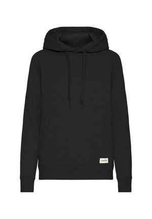Zwarte hooded sweatshirt gemaakt van katoen. Beschikt over een voorzak, verstelbare trekkoord en een klein merklabel aan de onderkant links.