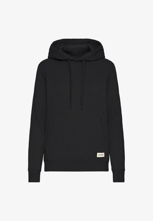 Zwarte hooded sweatshirt gemaakt van katoen. Beschikt over een voorzak, verstelbare trekkoord en een klein merklabel aan de onderkant links.