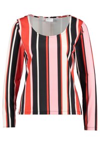 Langarmshirt mit vertikalen Streifen in Rot, Pink, Schwarz und Weiß, mit rundem Ausschnitt und tailliertem Schnitt.