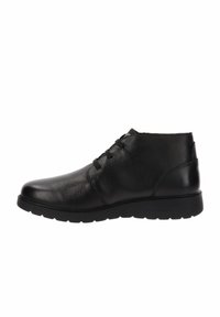 Zwarte leren enkelboots met een gladde textuur, ronde neus en vetersluiting aan de voorkant. Heeft een gevoerde zool en een minimalistisch ontwerp.