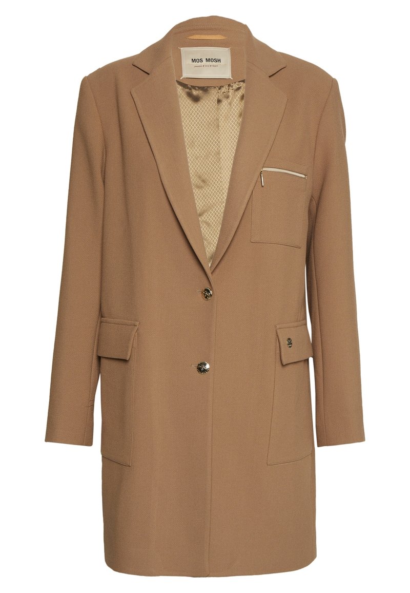 Lang kamelbrun uldfrakke med hakket revers, to forlommer med klapper, brystlomme med lynlås og to synlige gullknapper.