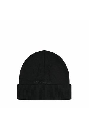 Cappello di maglia nera con risvolto, caratterizzato da un logo testurizzato "AX" e dalla scritta "ARMANI EXCHANGE" in colorazione coordinata.